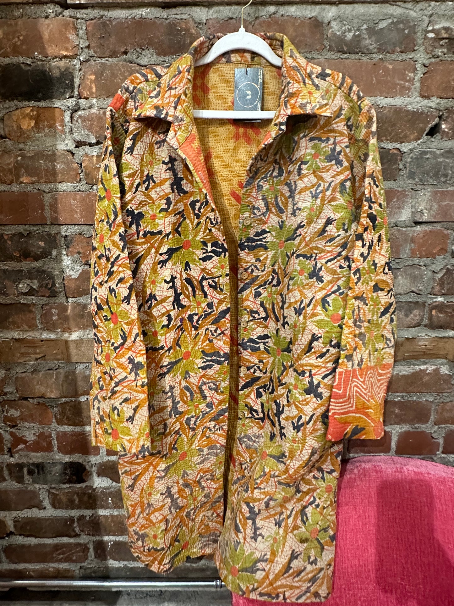 Reversible vintage kantha coat - multi/yellow/red