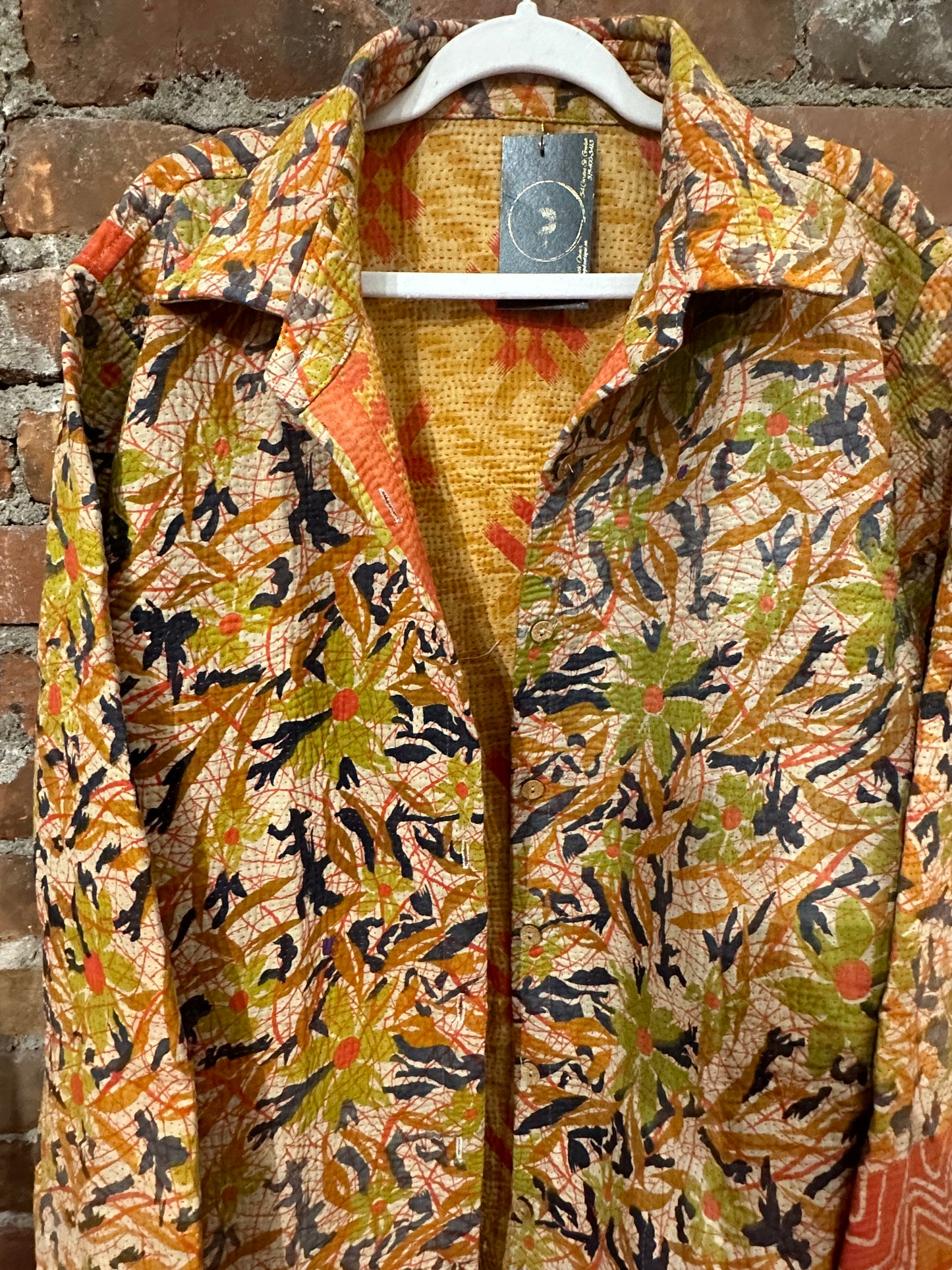 Reversible vintage kantha coat - multi/yellow/red