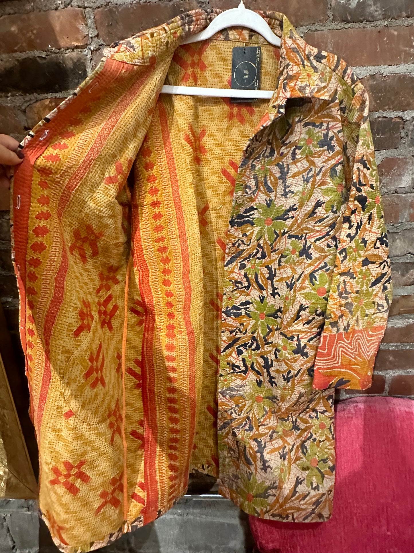 Reversible vintage kantha coat - multi/yellow/red