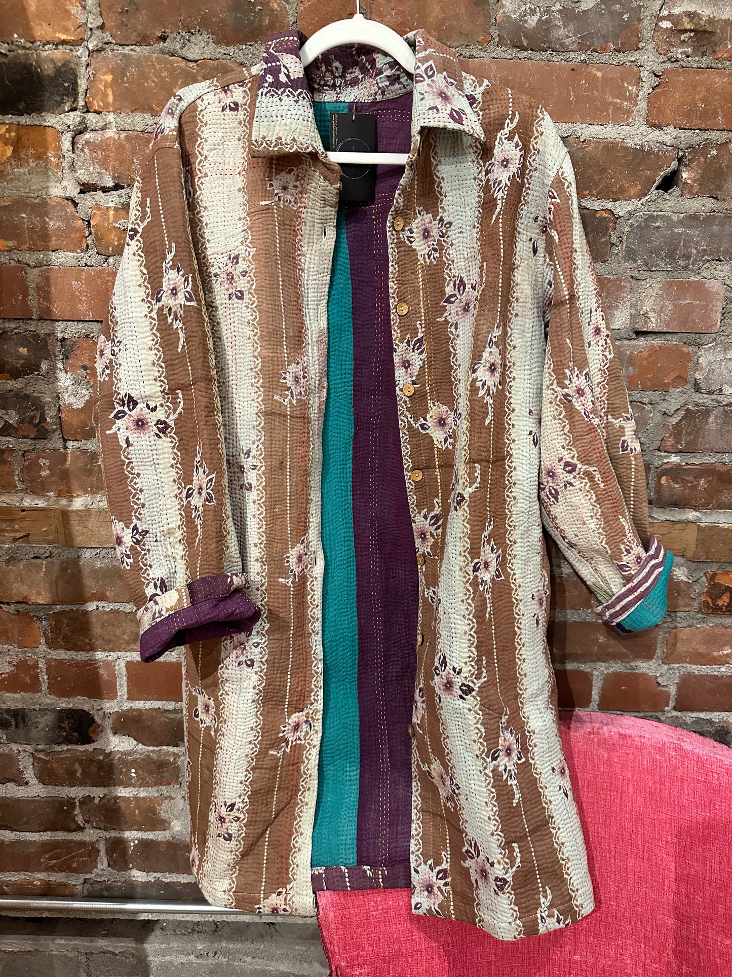 Reversible vintage kantha coat-brown/teal