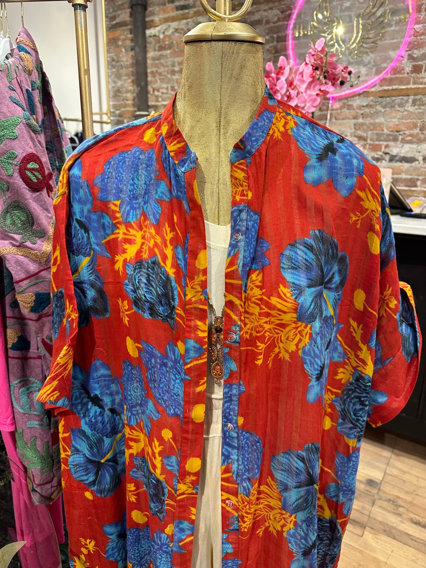 Vintage cotton duster shirt dress— red/blue
