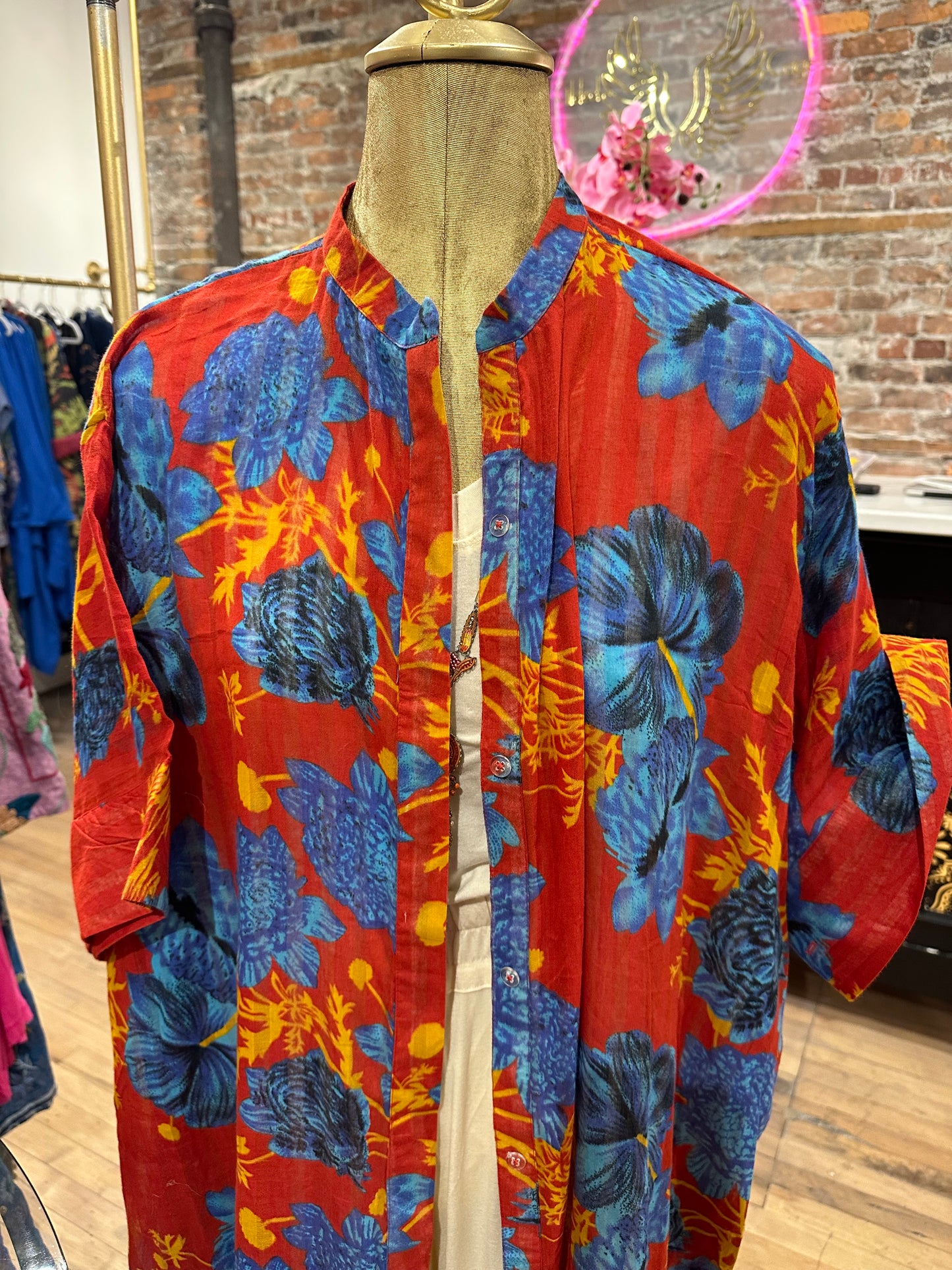Vintage cotton duster shirt dress— red/blue