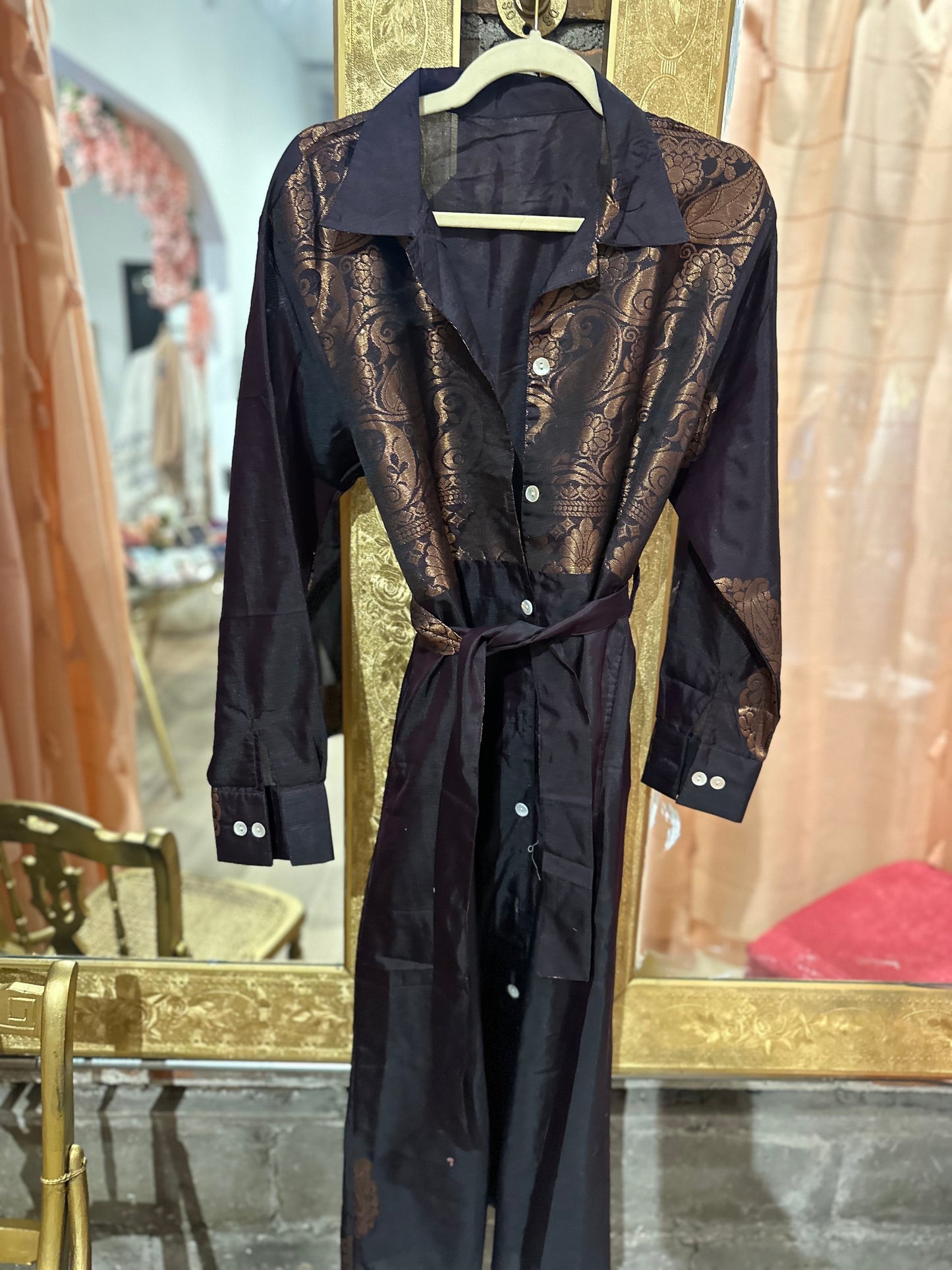A line maxi shirt dress - aubergine brocade silk