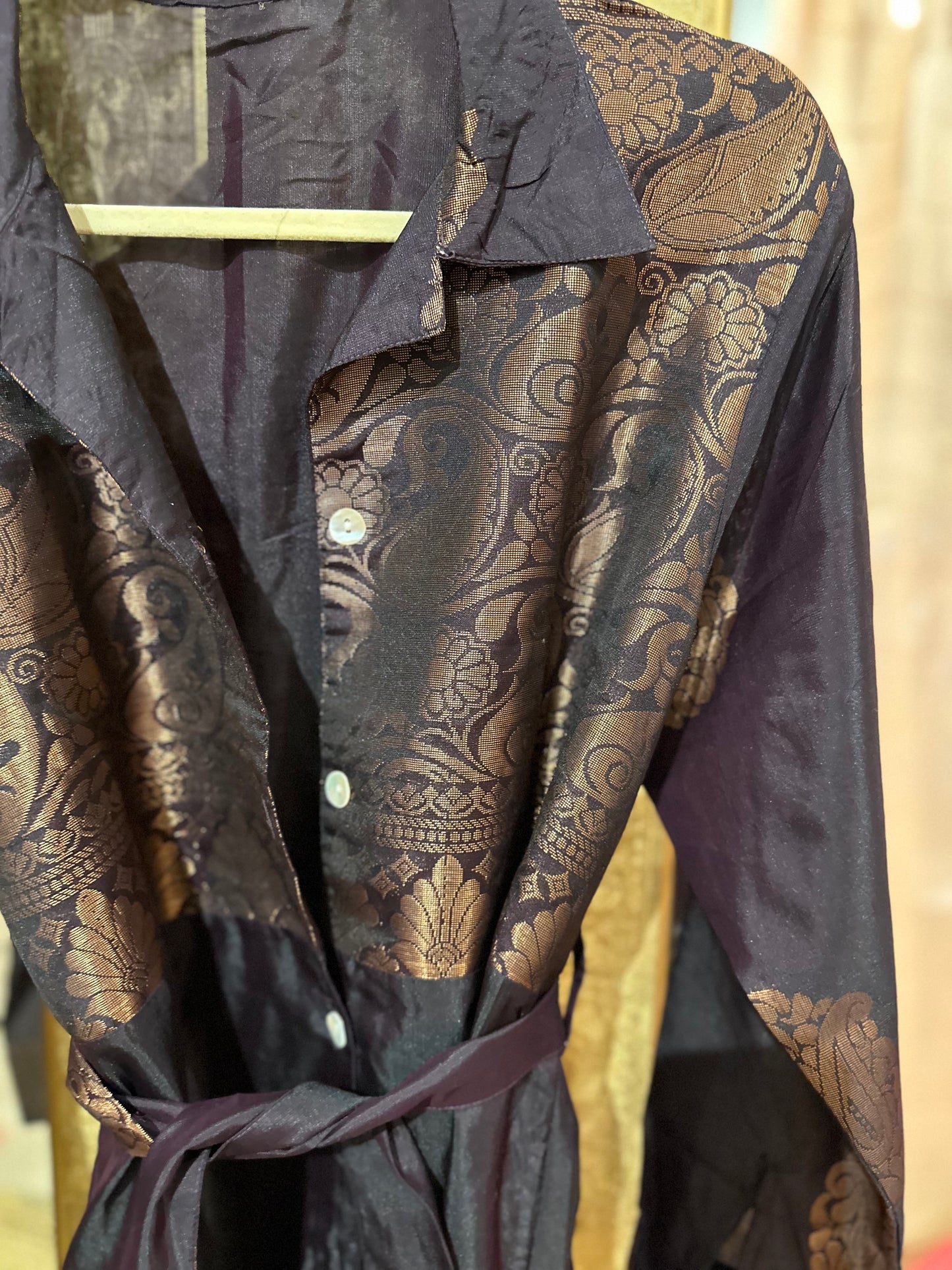 A line maxi shirt dress - aubergine brocade silk