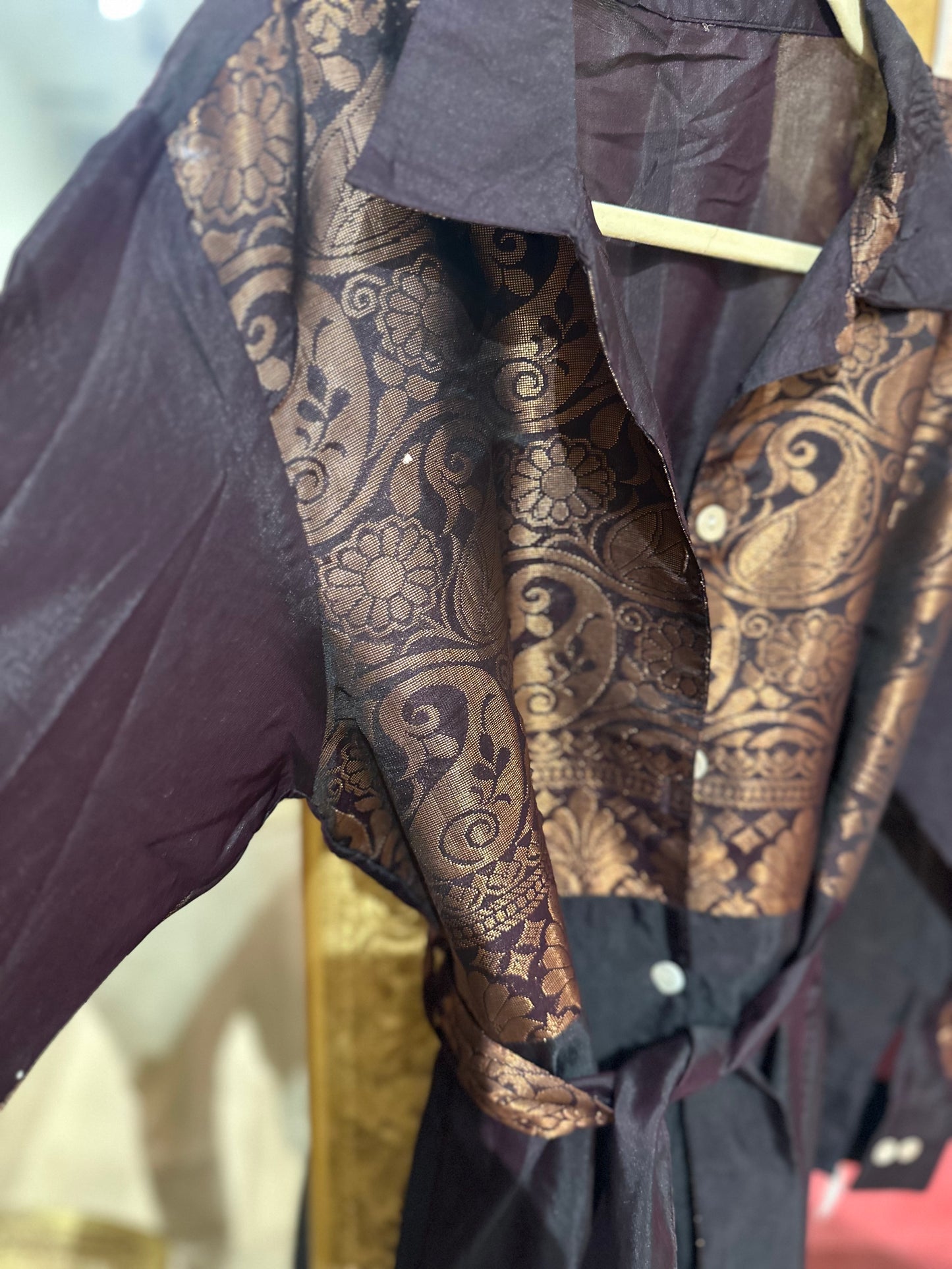 A line maxi shirt dress - aubergine brocade silk