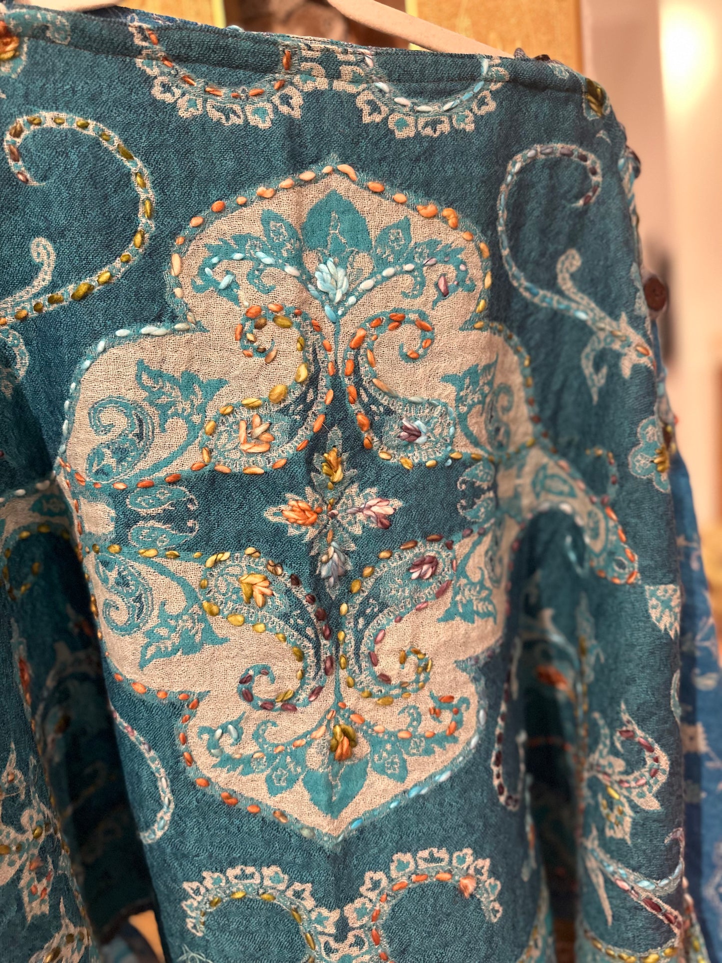 Pure wool reversible embroidered cape - turquoise