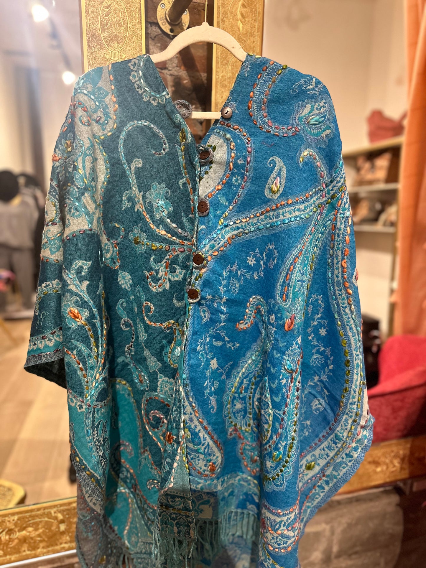 Pure wool reversible embroidered cape - turquoise