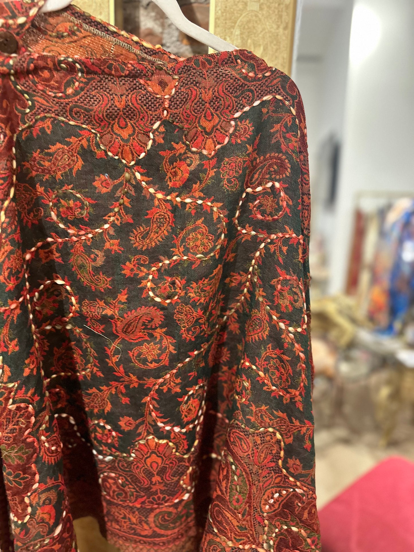 Pure wool reversible embroidered cape - red green