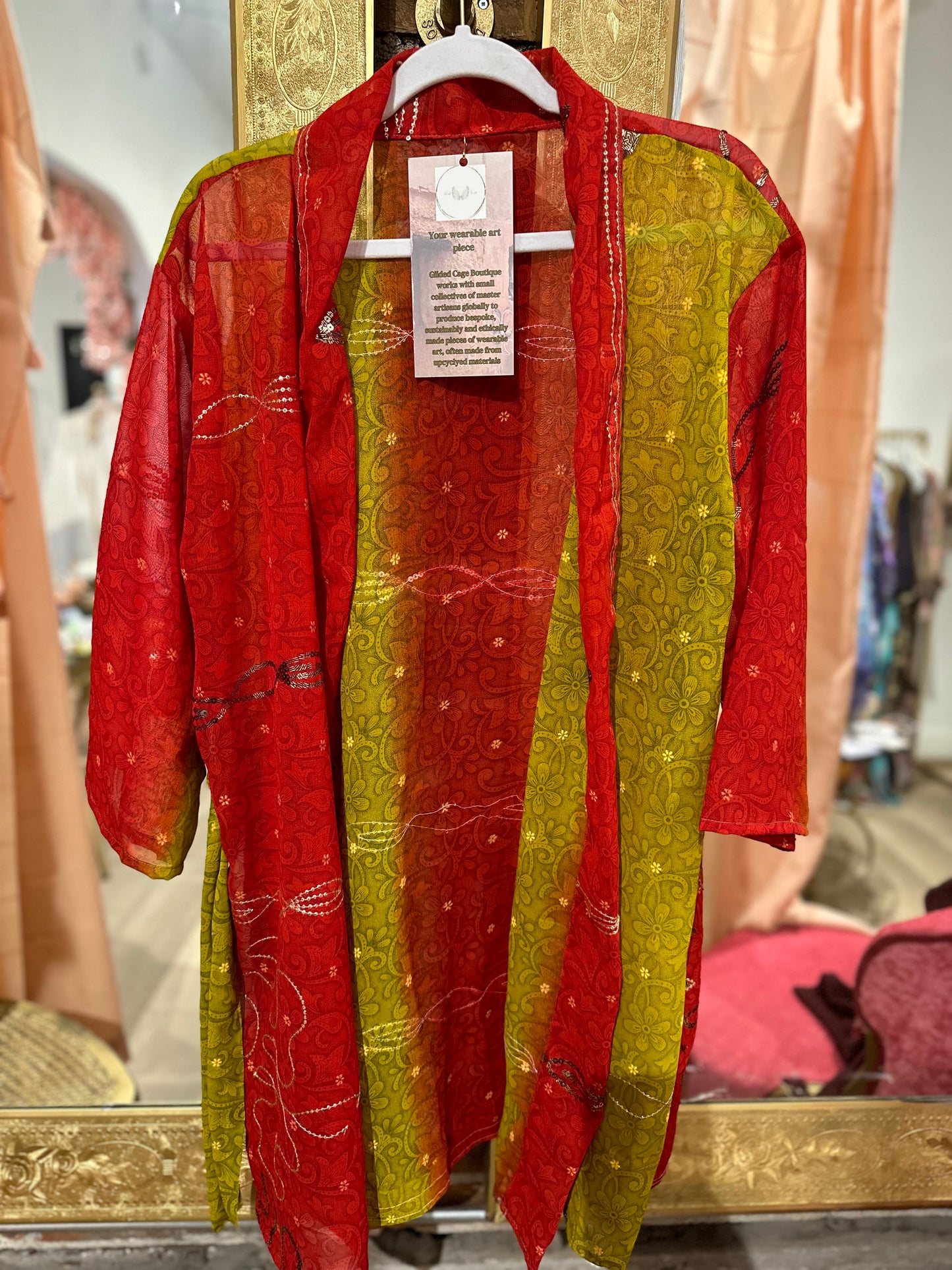 Vintage Hand beaded short kimono - green/red