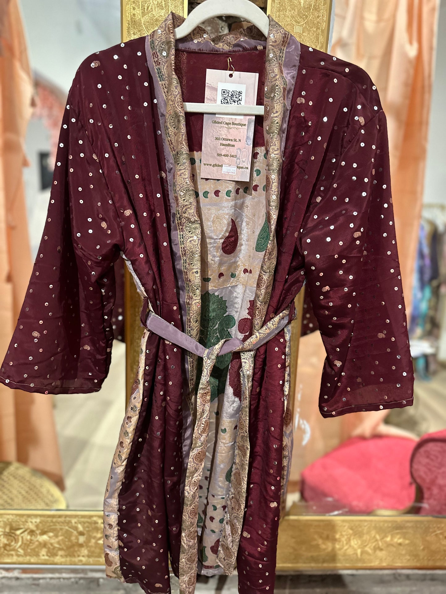 Vintage Hand beaded short kimono - maroon/beige