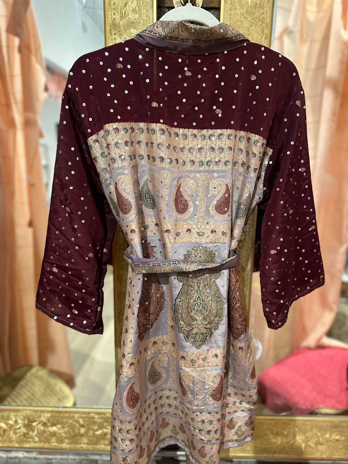 Vintage Hand beaded short kimono - maroon/beige
