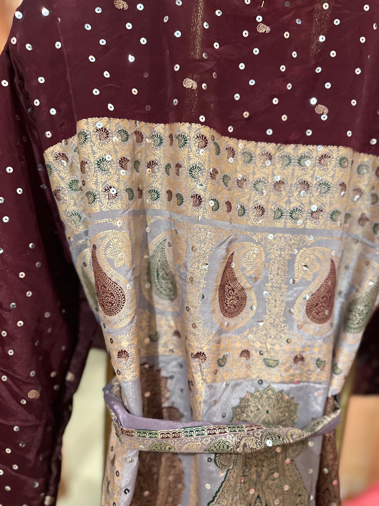 Vintage Hand beaded short kimono - maroon/beige