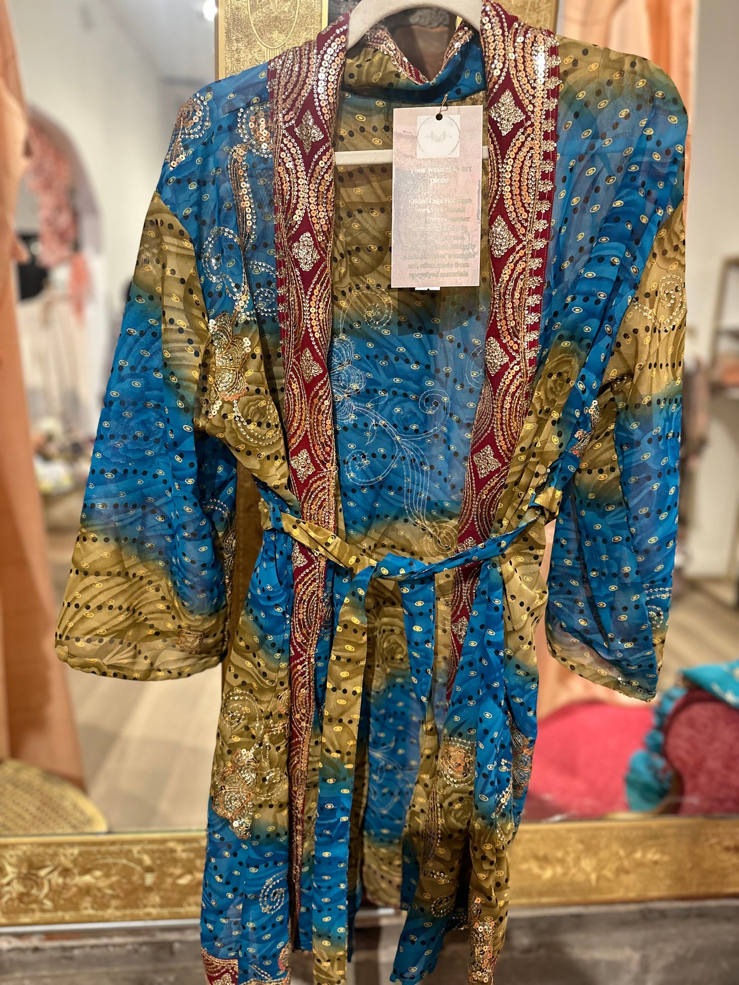 Vintage Hand beaded short kimono - peacock blue/red