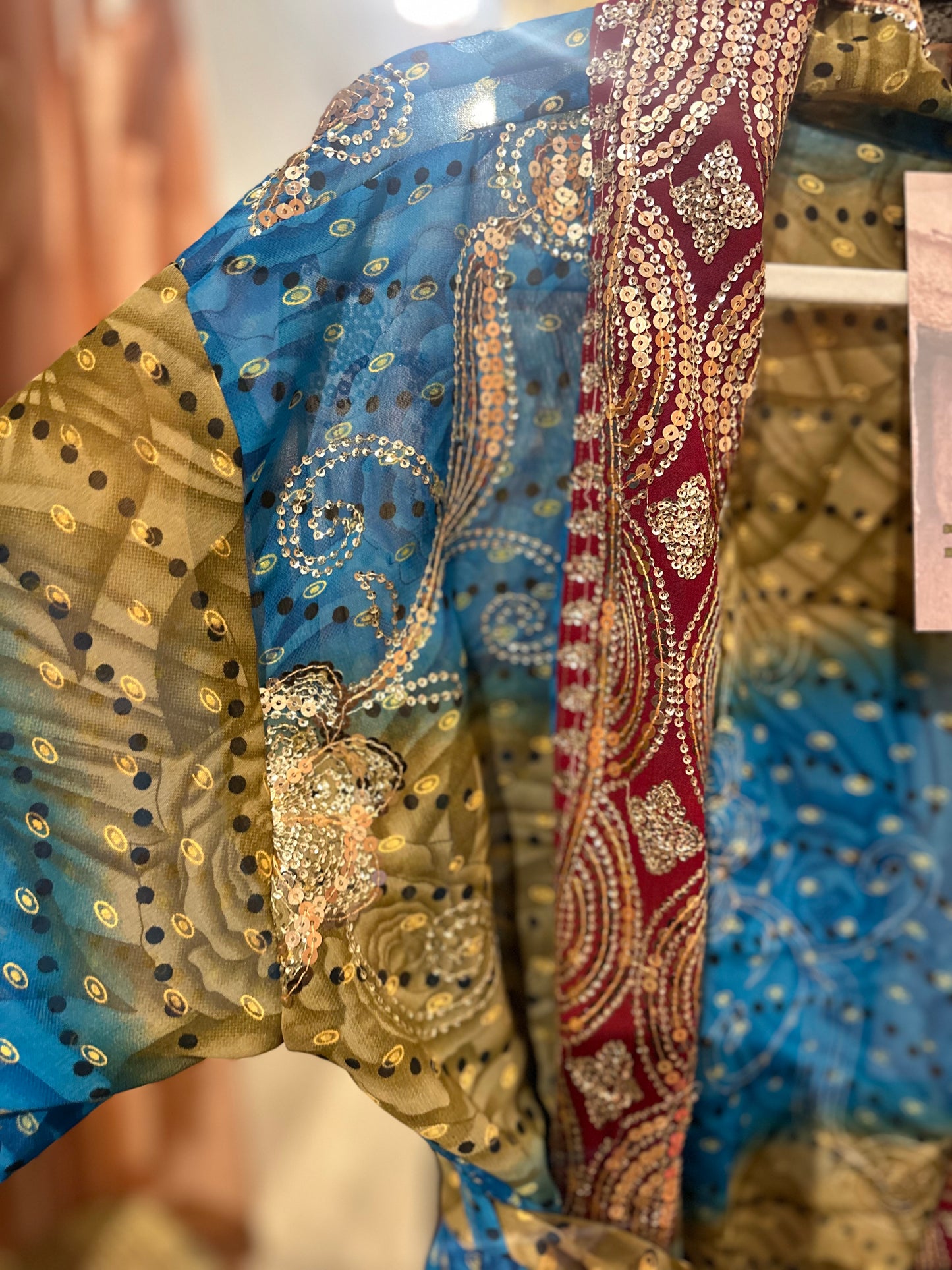Vintage Hand beaded short kimono - peacock blue/red