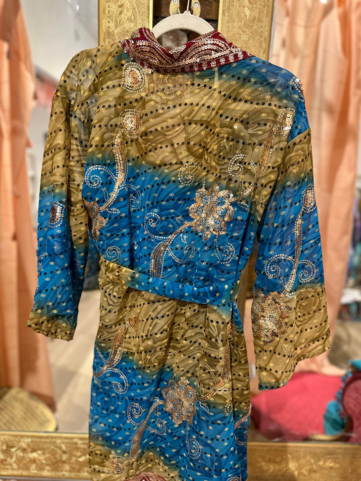 Vintage Hand beaded short kimono - peacock blue/red