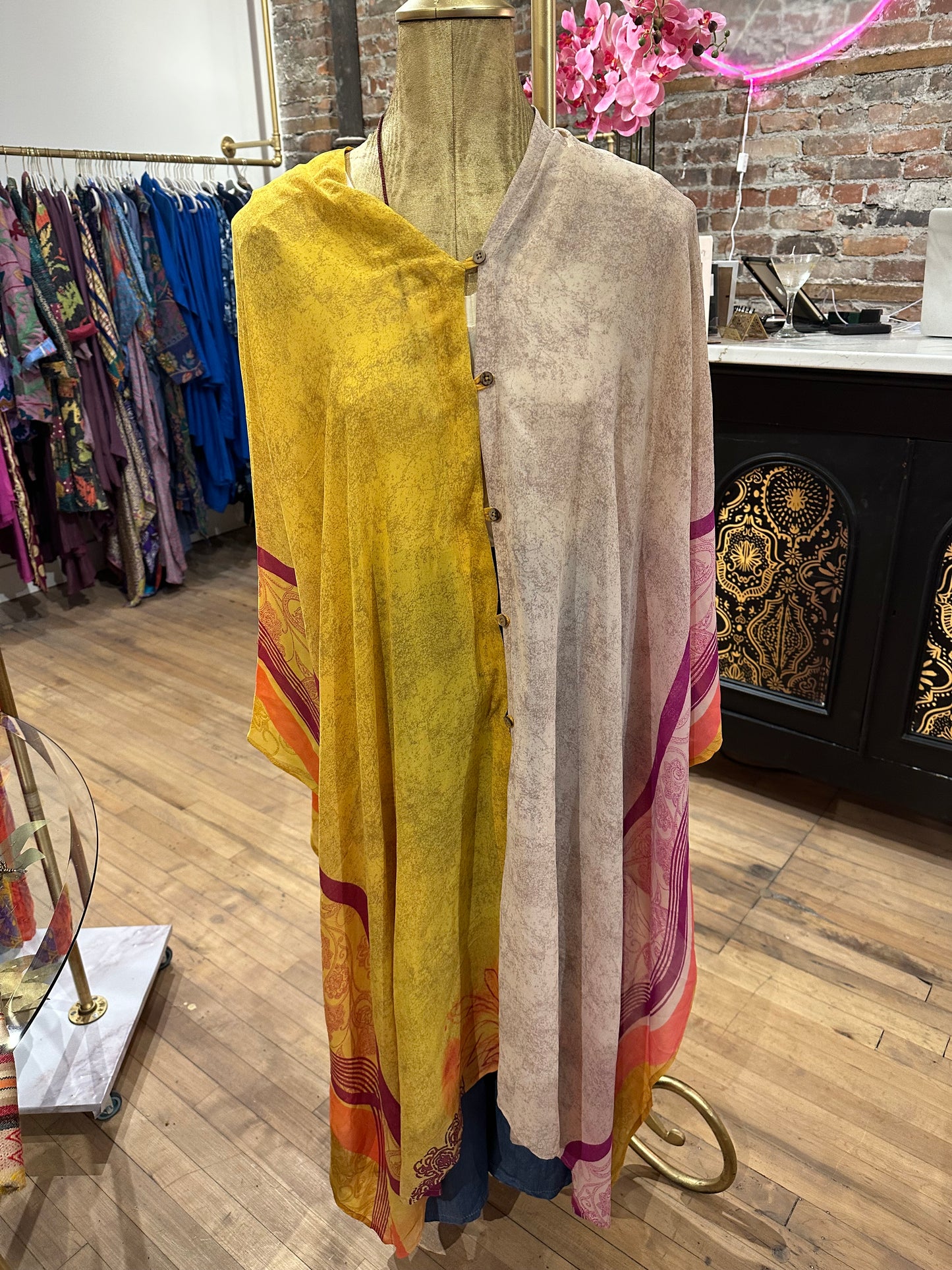 Vintage beaded silk multi-way cape- yellow/pink/lavender