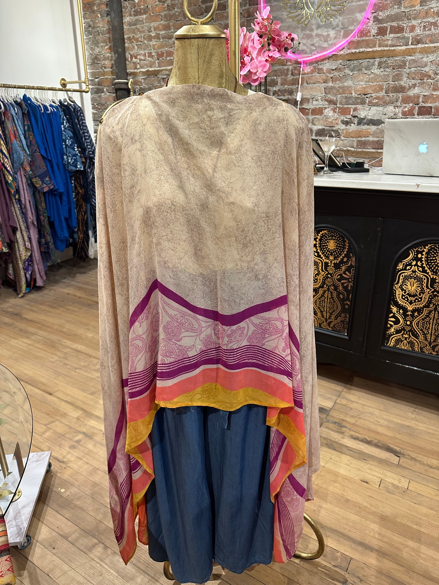Vintage beaded silk multi-way cape- yellow/pink/lavender