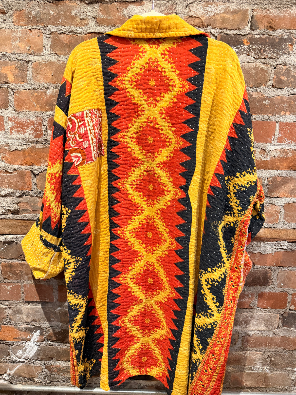 Vintage Kantha Car Coat - mustard/red