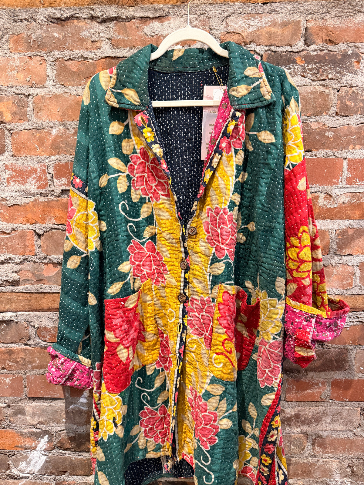 Vintage Kantha Car Coat - Emerald/Multi