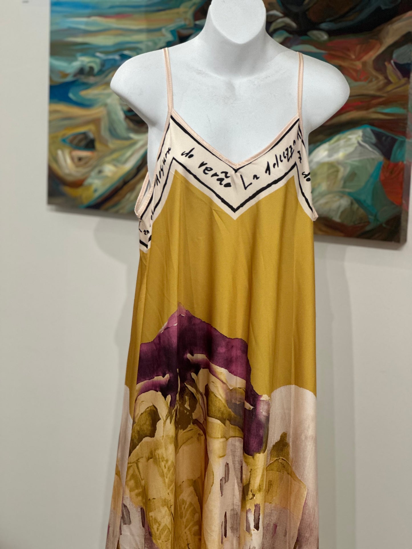 Painted silk slipdress -mustard
