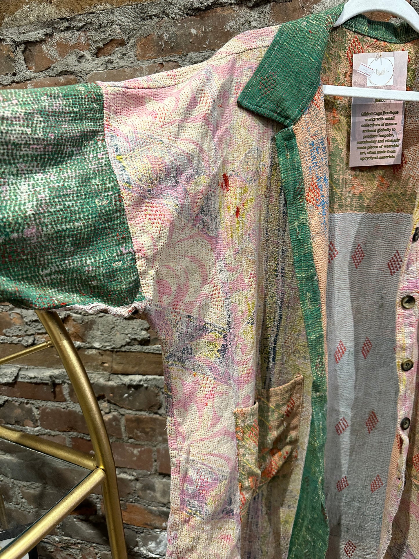 Reversible Kantha Coat- soft pink/green