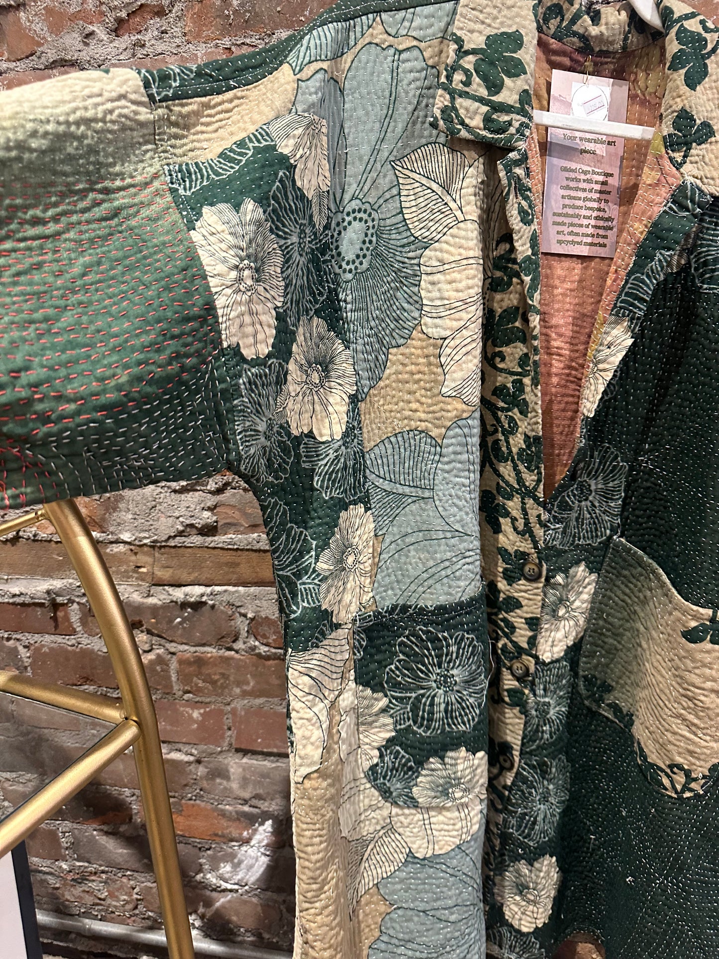 Reversible Kantha Coat- dark green/peach