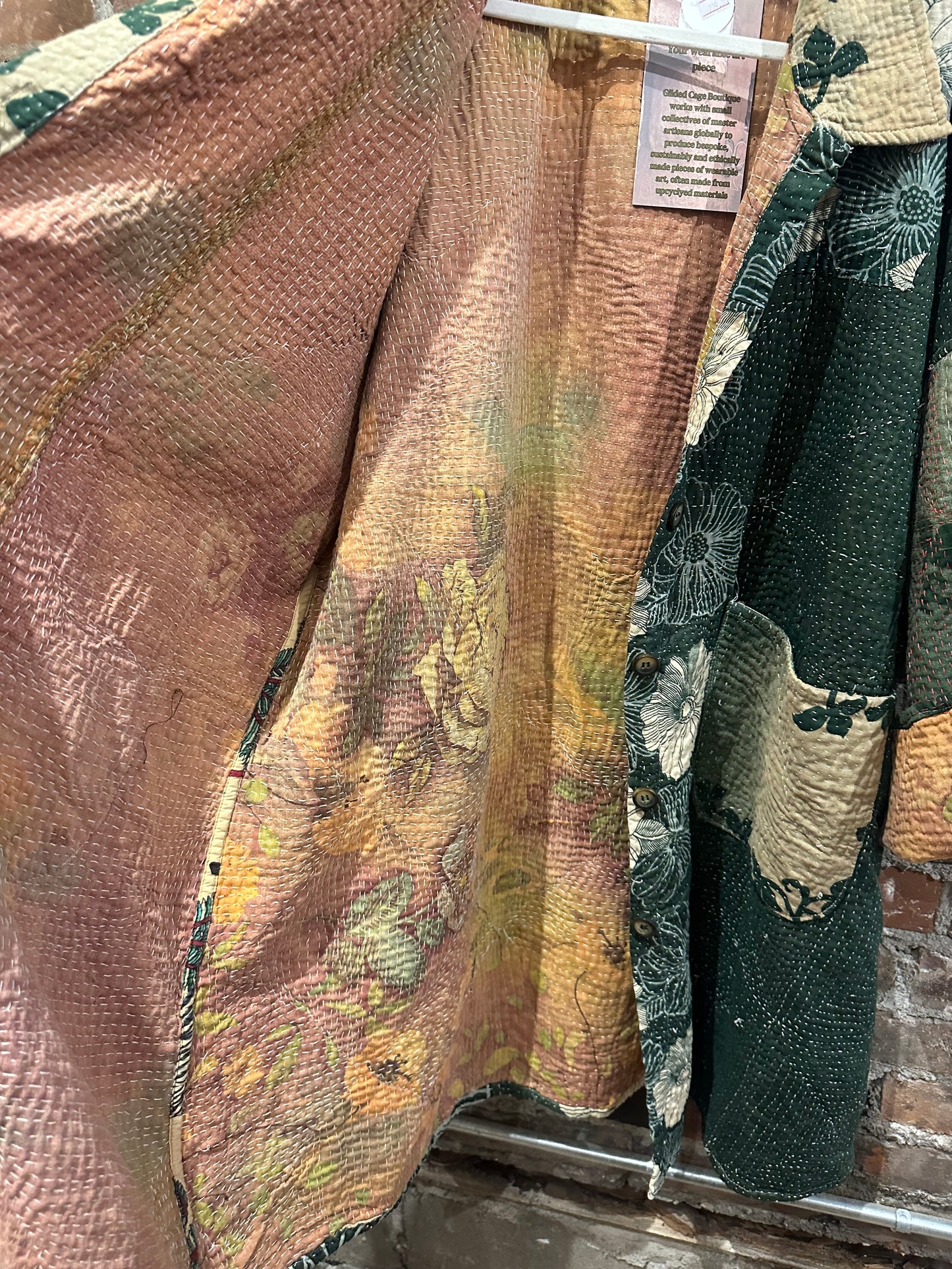 Reversible Kantha Coat- dark green/peach