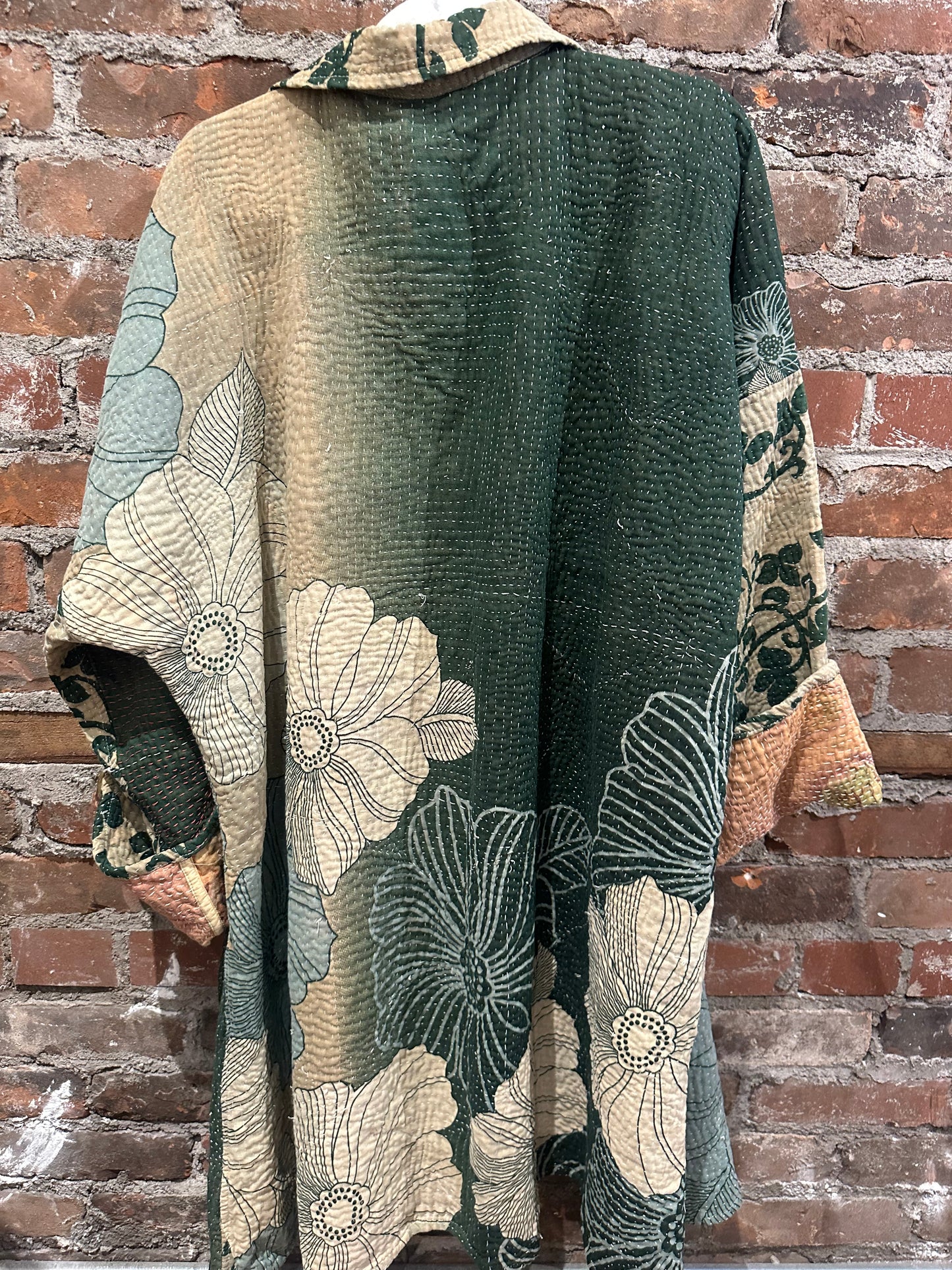 Reversible Kantha Coat- dark green/peach