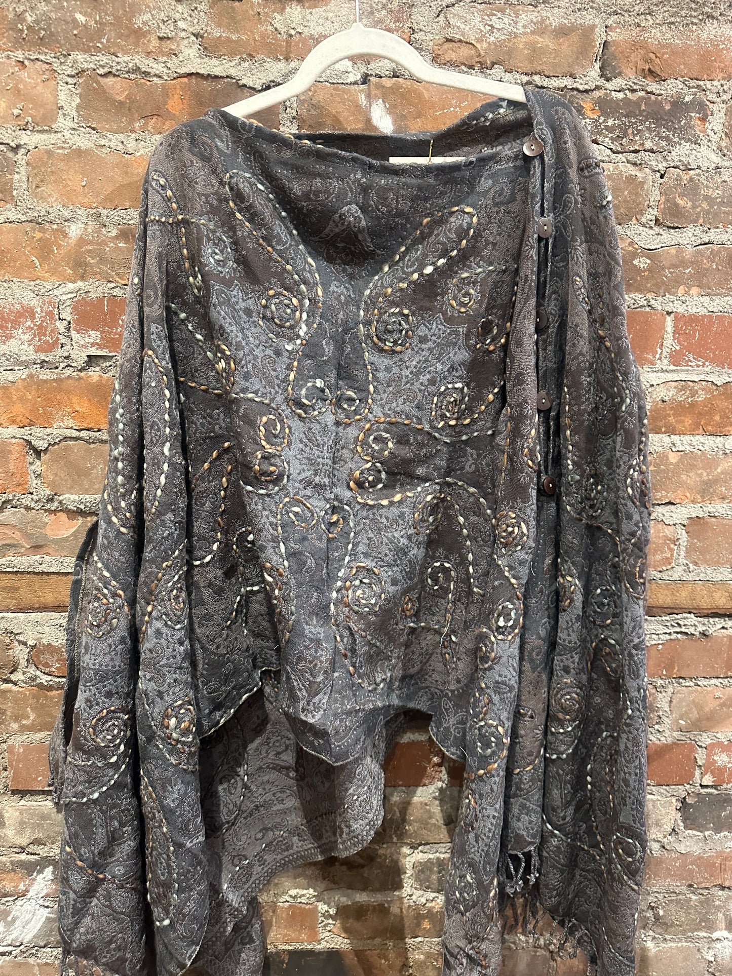 Pure wool reversible embroidered cape -blue/grey