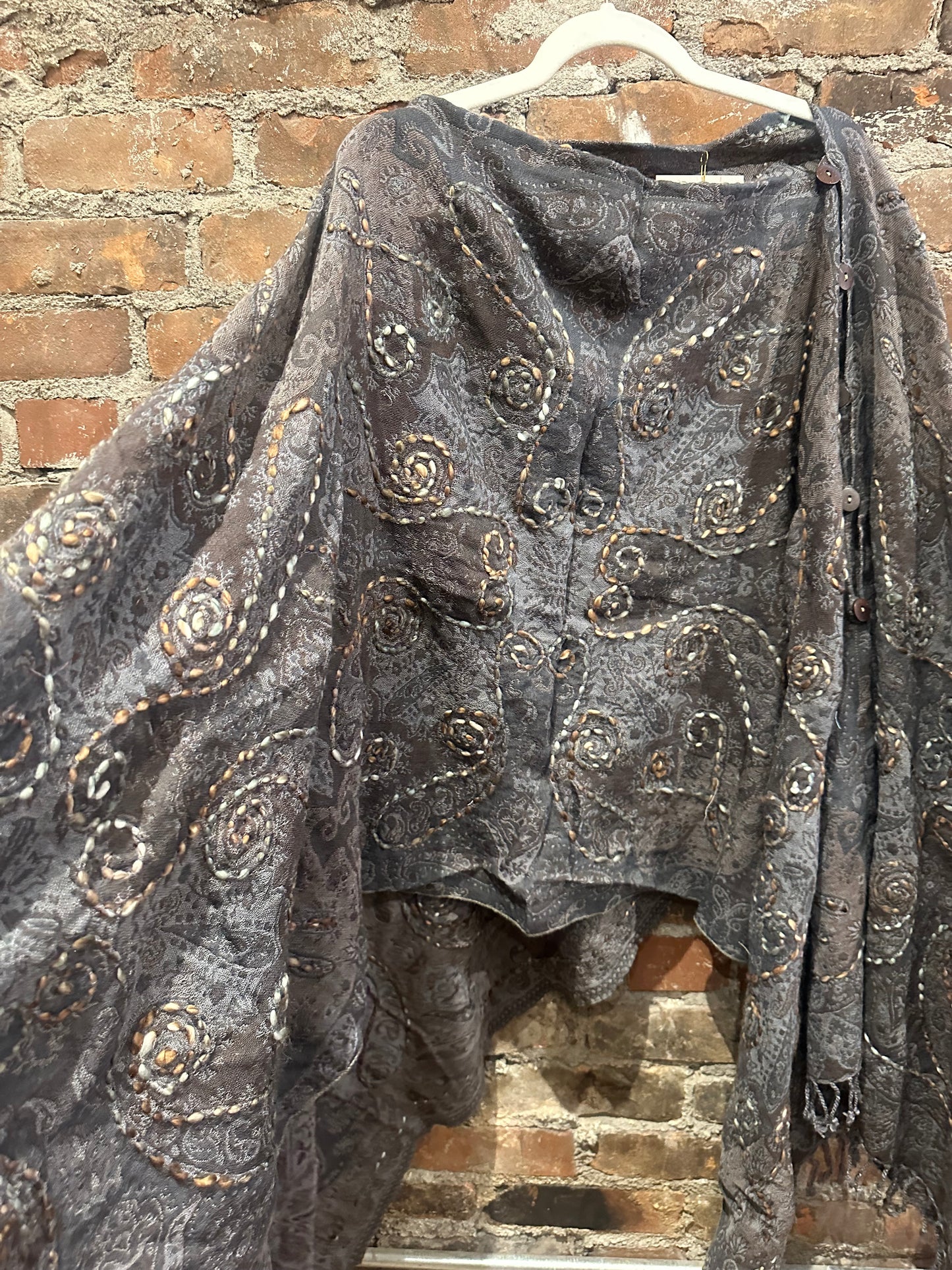 Pure wool reversible embroidered cape -blue/grey