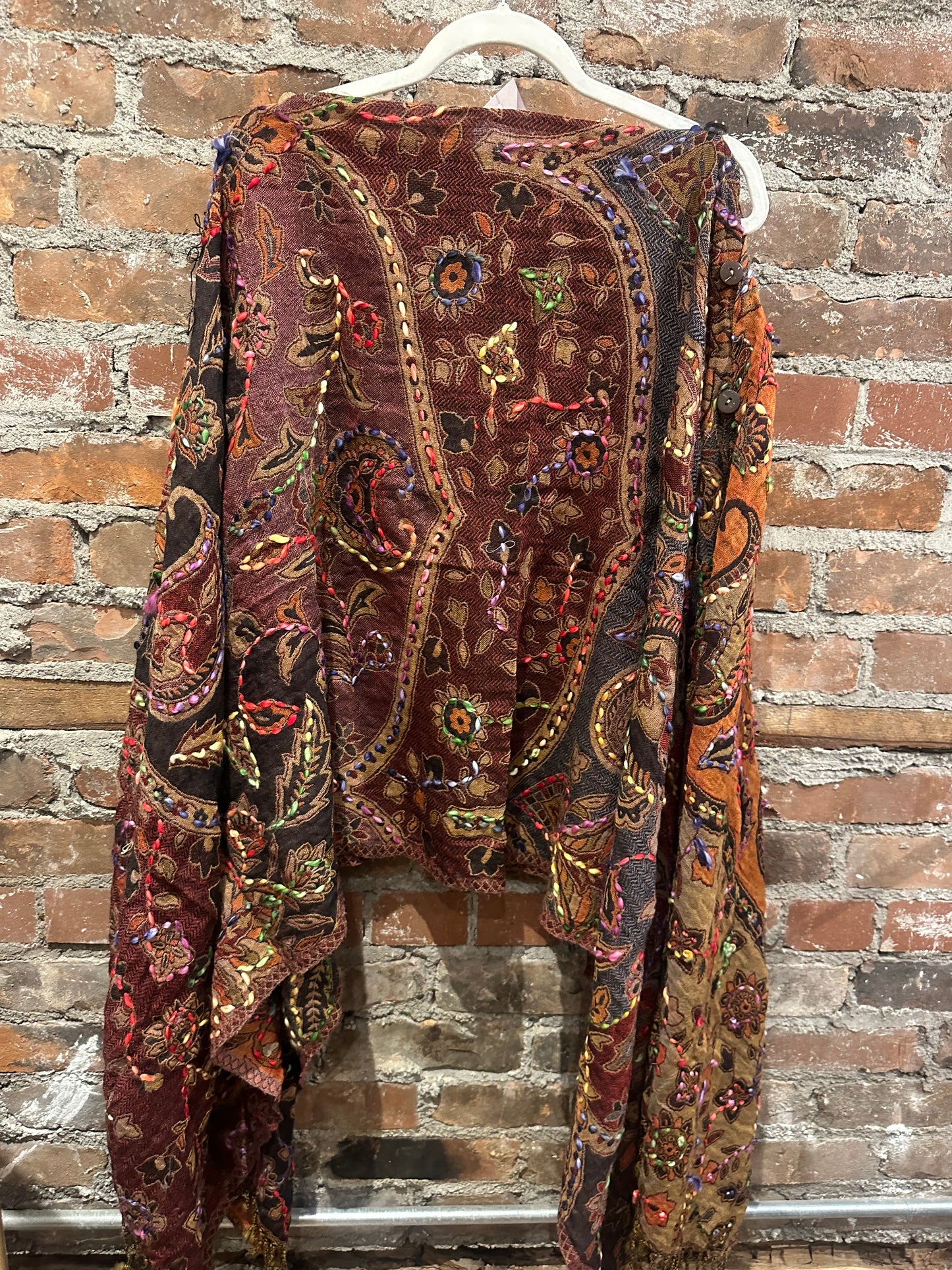 Pure wool reversible embroidered cape- brown