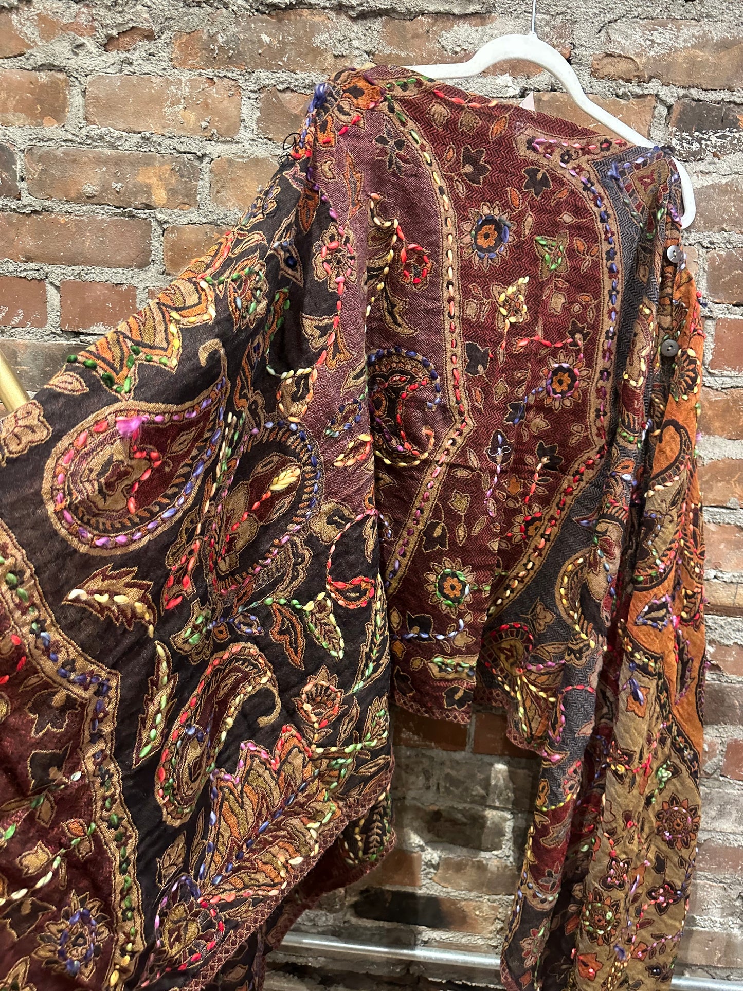 Pure wool reversible embroidered cape- brown