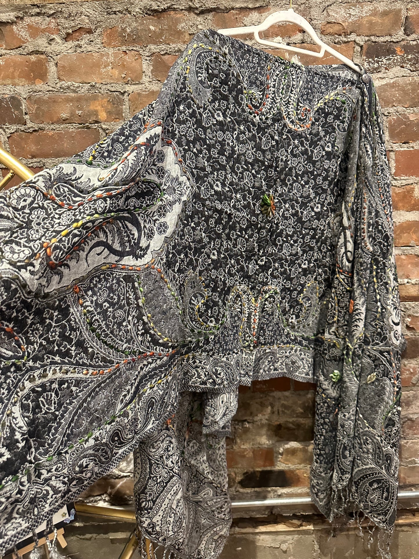 Pure wool reversible embroidered cape - charcoal/ light grey