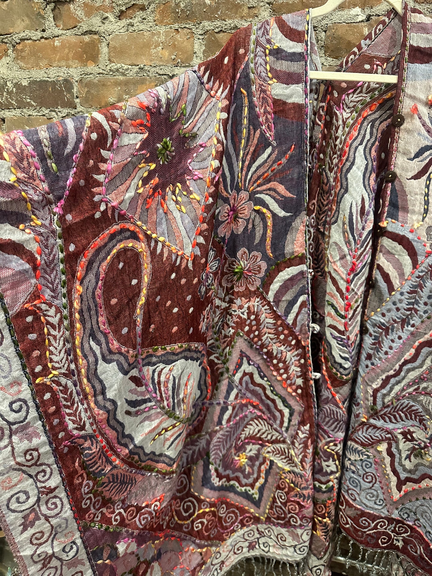 Pure wool reversible embroidered cape-plum