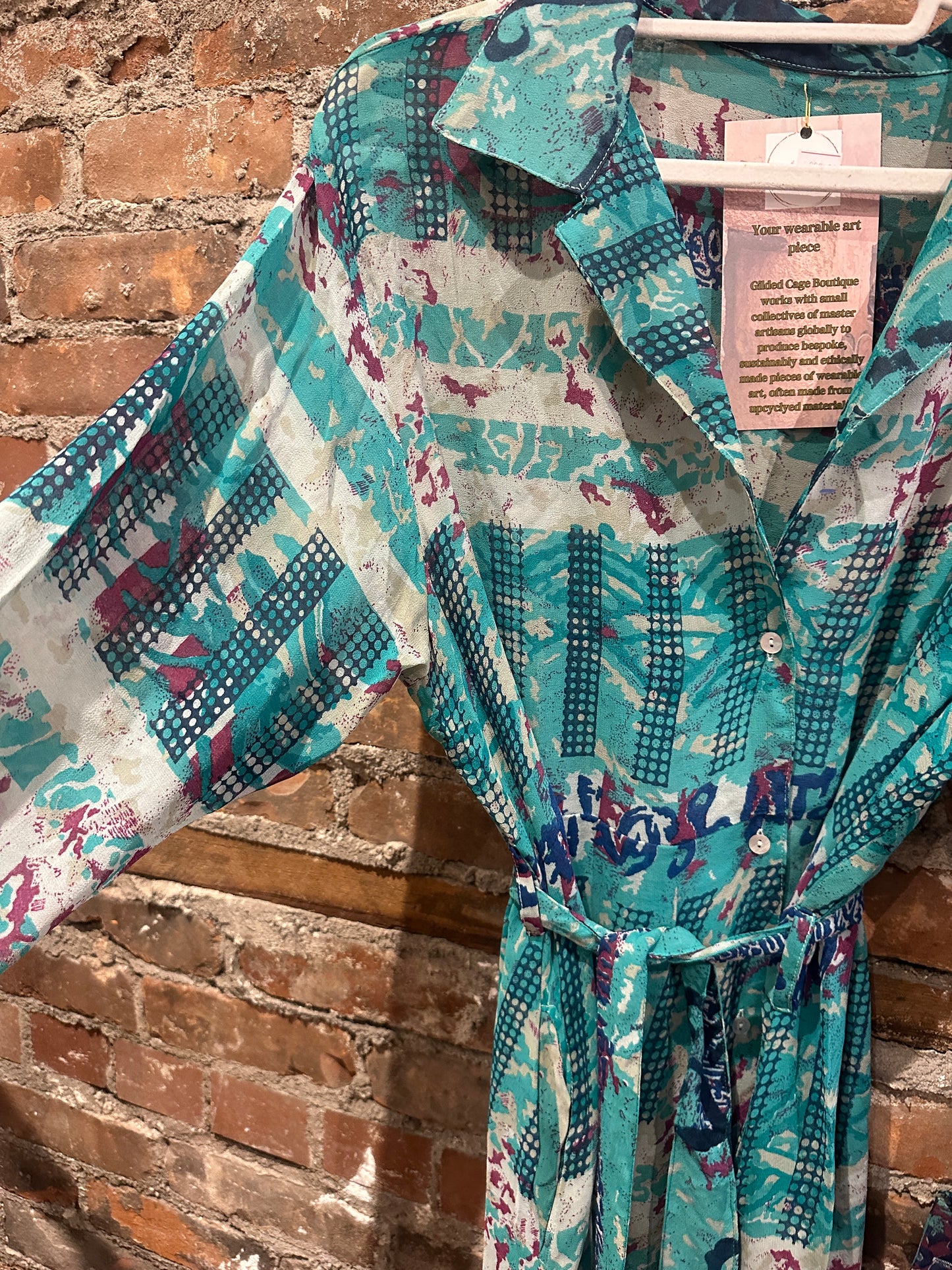 Pure vintage silk A line shirt dress -turquoise