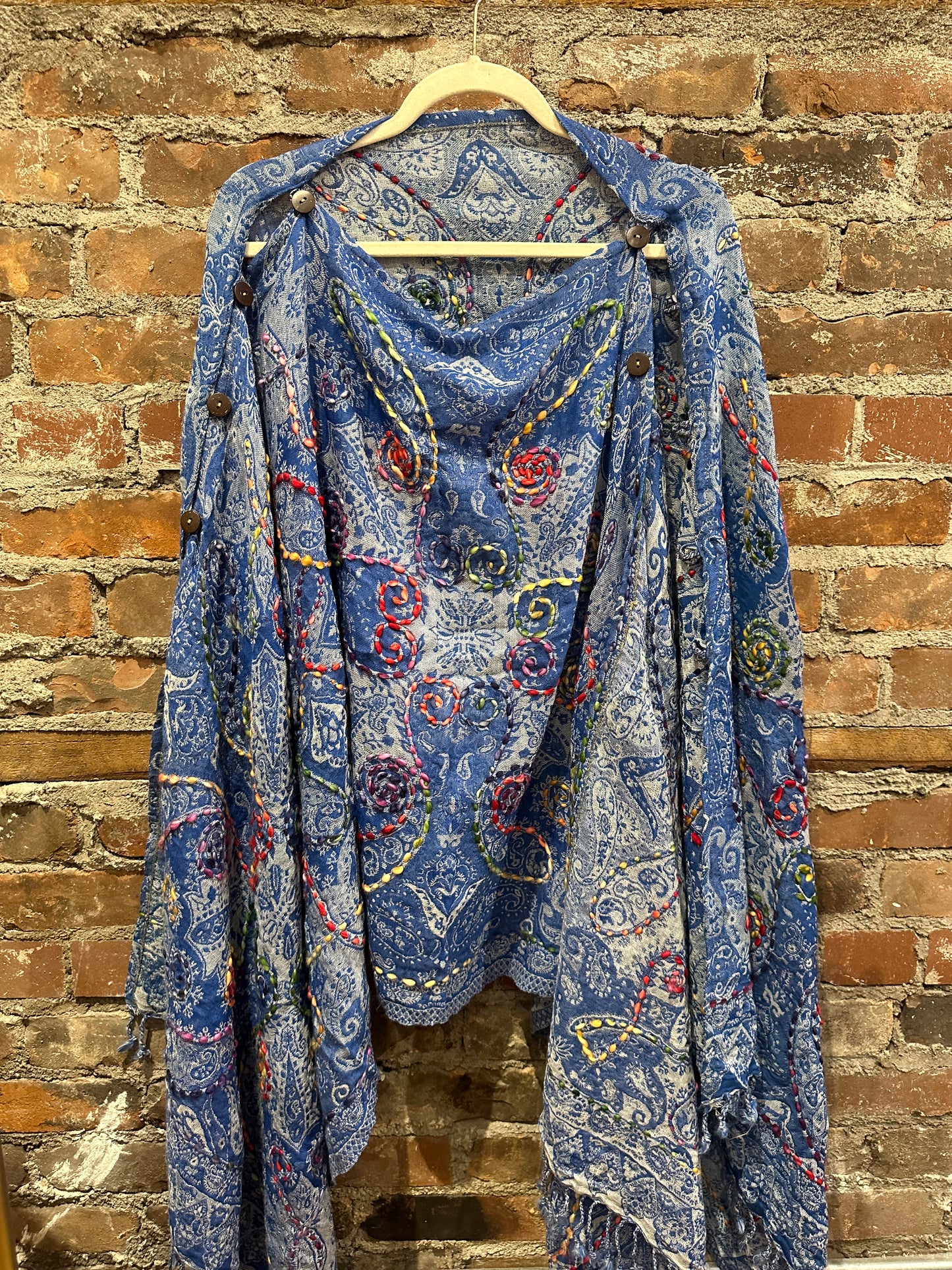 Pure wool reversible embroidered cape- cobalt