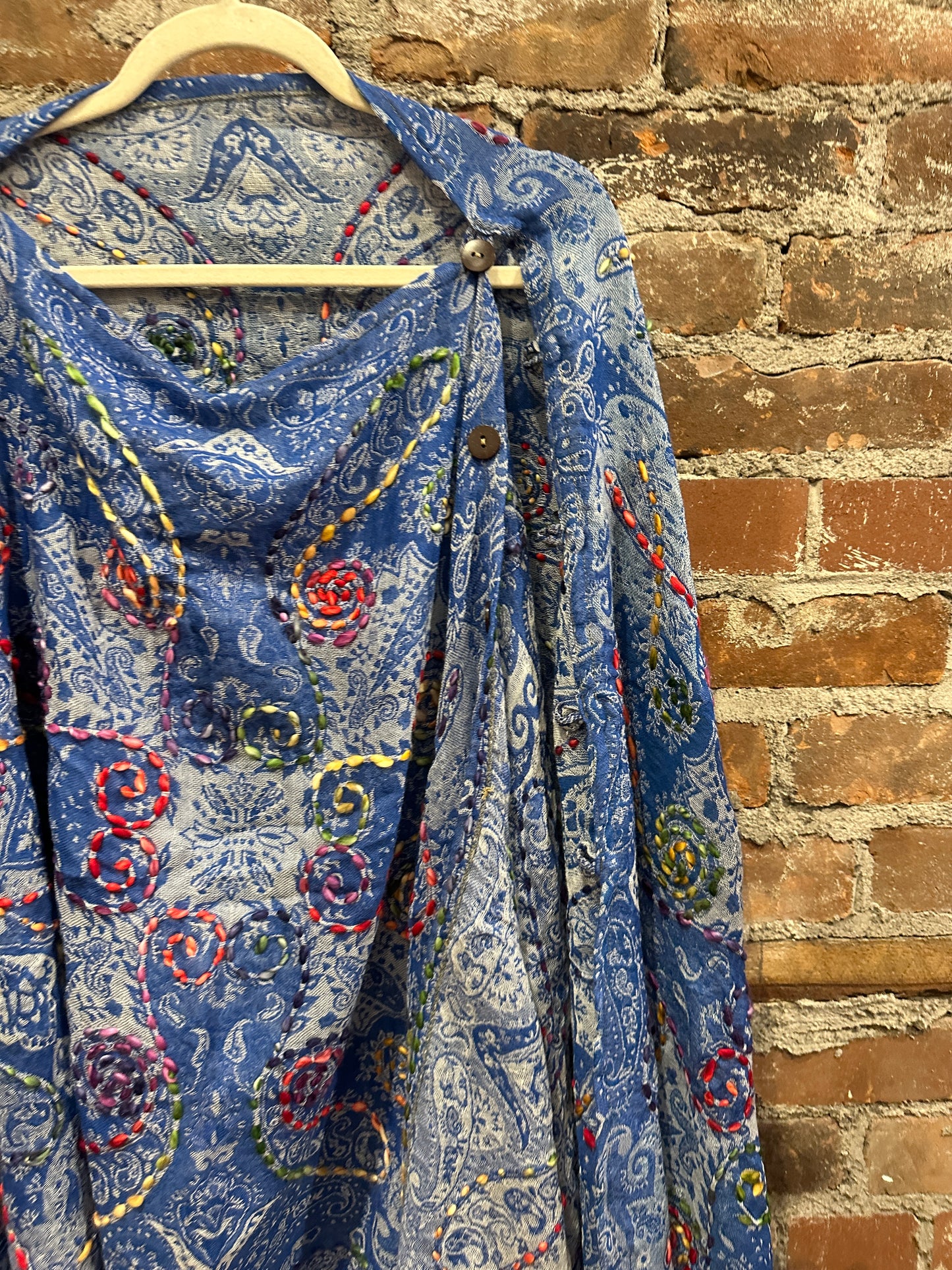 Pure wool reversible embroidered cape- cobalt