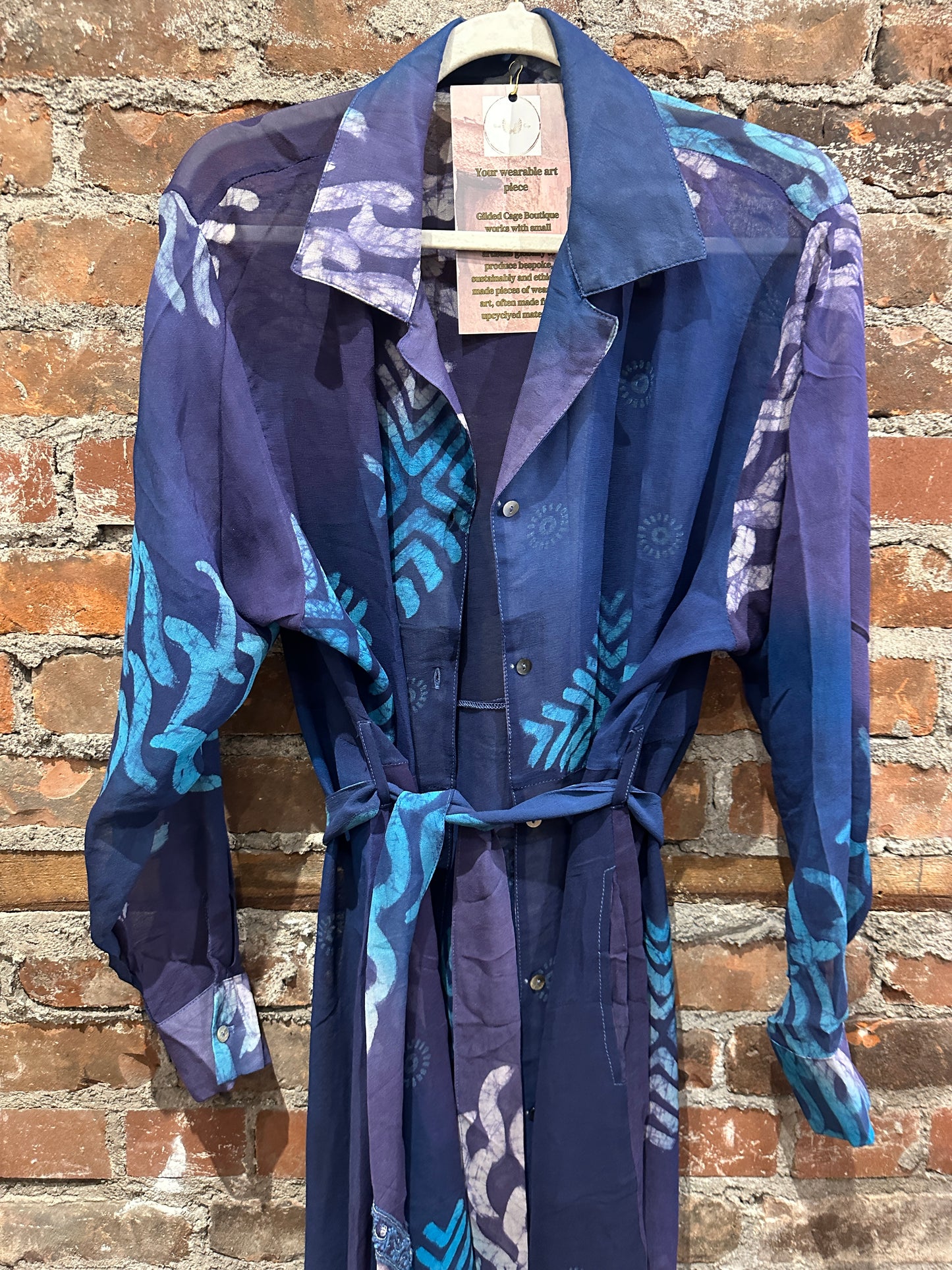 Pure vintage silk A line shirt dress- blue batik