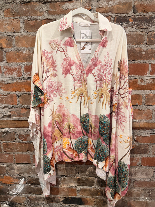 Painted linen poncho top - pink