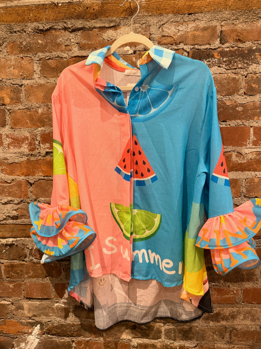 Ruffle sleeve Blouse-Watermelon