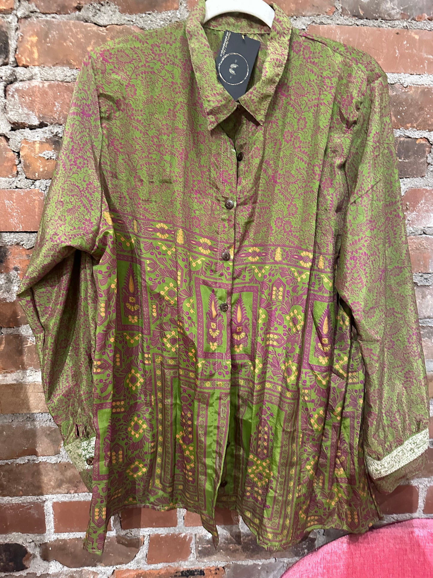 Pure vintage silk shirt- green/rasberry