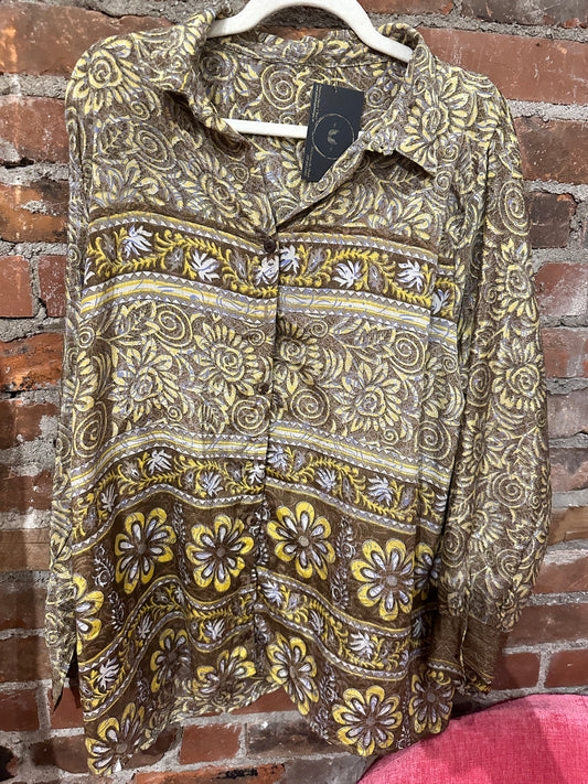 Pure vintage silk shirt-taupe/yellow