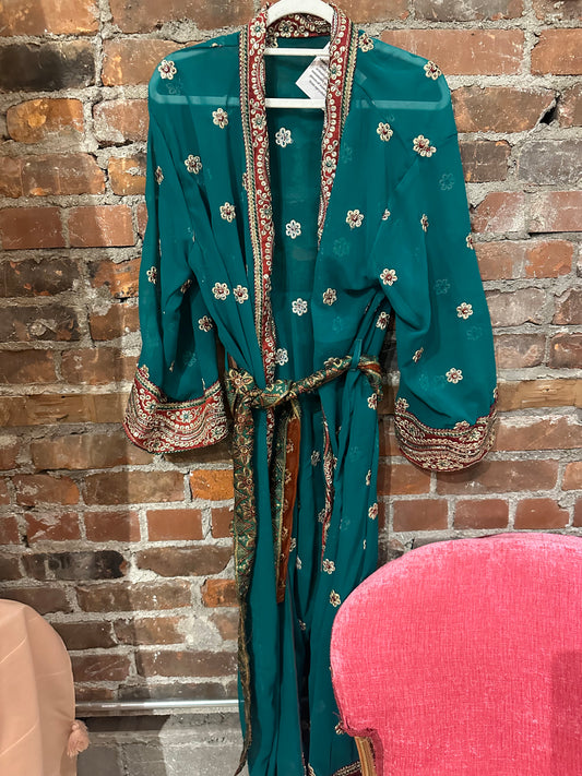 Vintage Hand beaded kimono set -turquoise/red