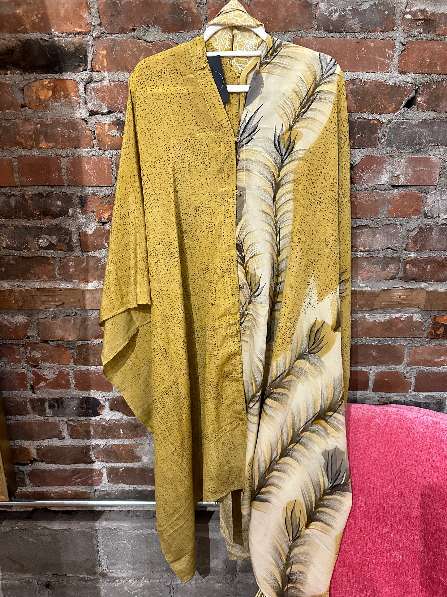 Vintage silk multi way cape-mustard feather