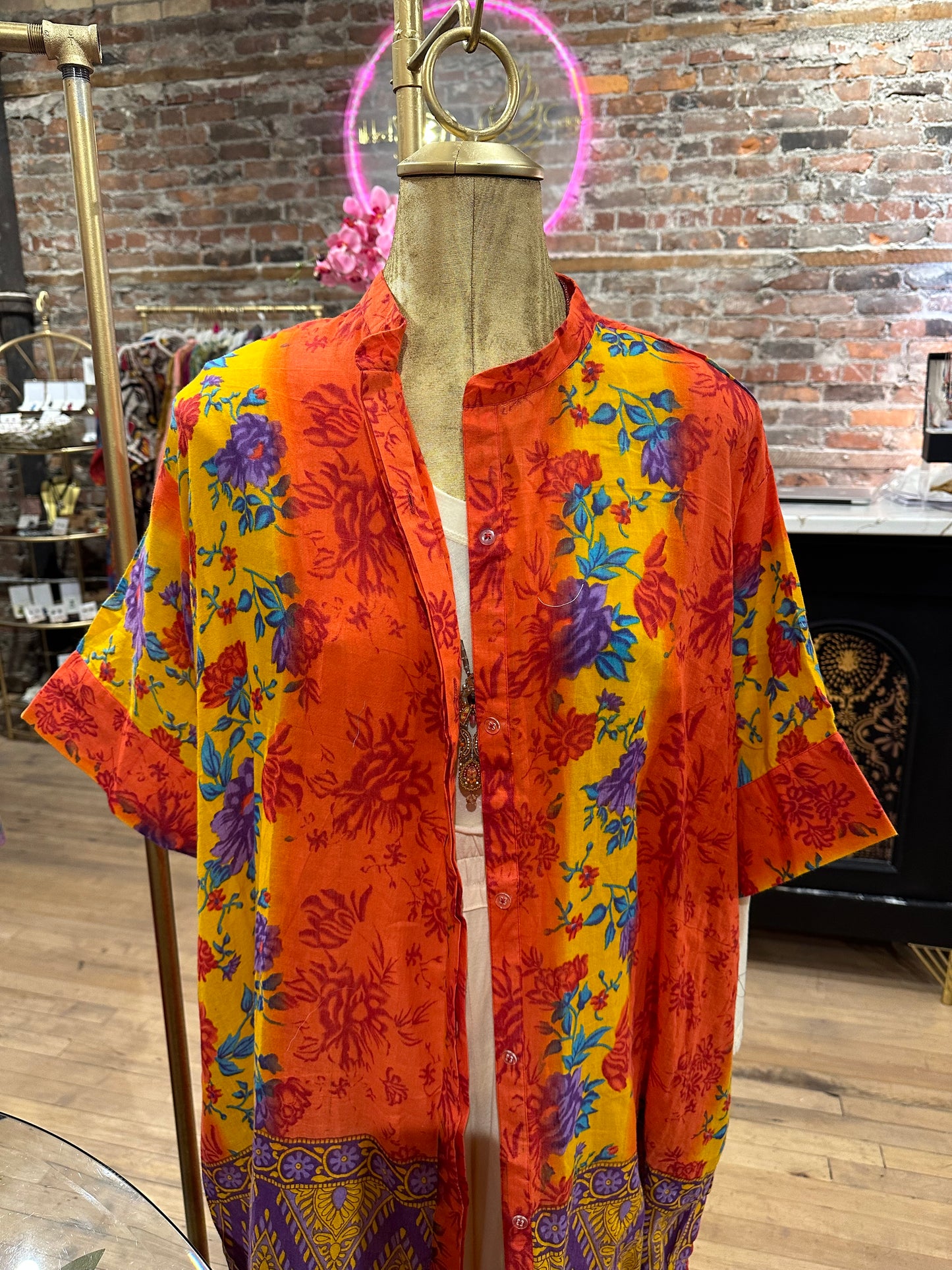 Vintage cotton duster shirt dress—batik red/orange/yellow/purple