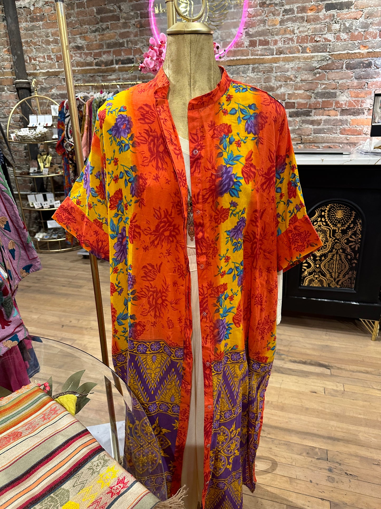 Vintage cotton duster shirt dress—batik red/orange/yellow/purple