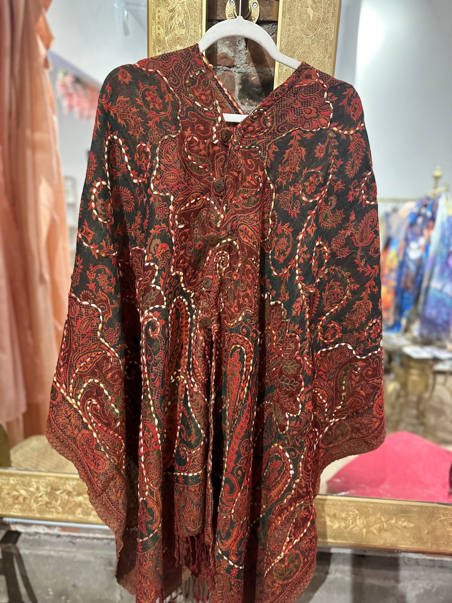 Pure wool reversible embroidered cape - red green