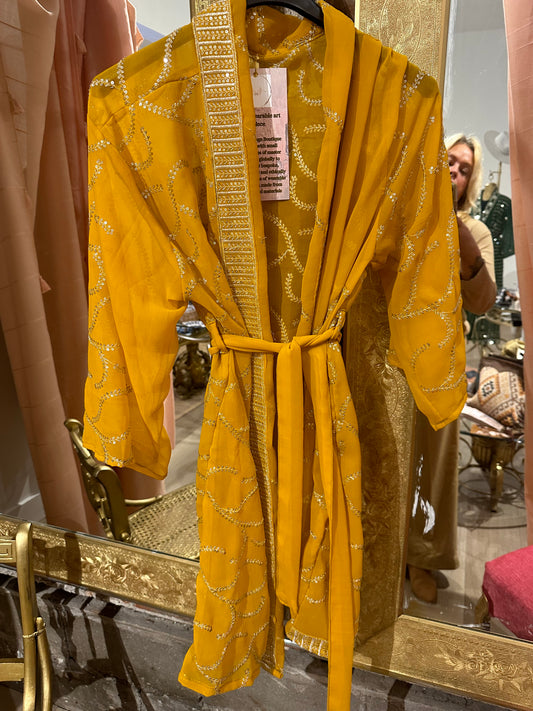 Vintage Hand beaded short kimono - mustard