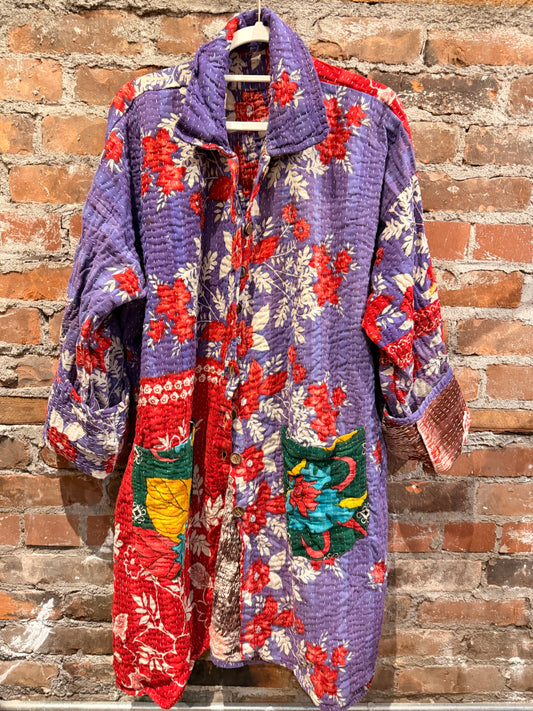 Vintage Kantha Car Coat - purple/red