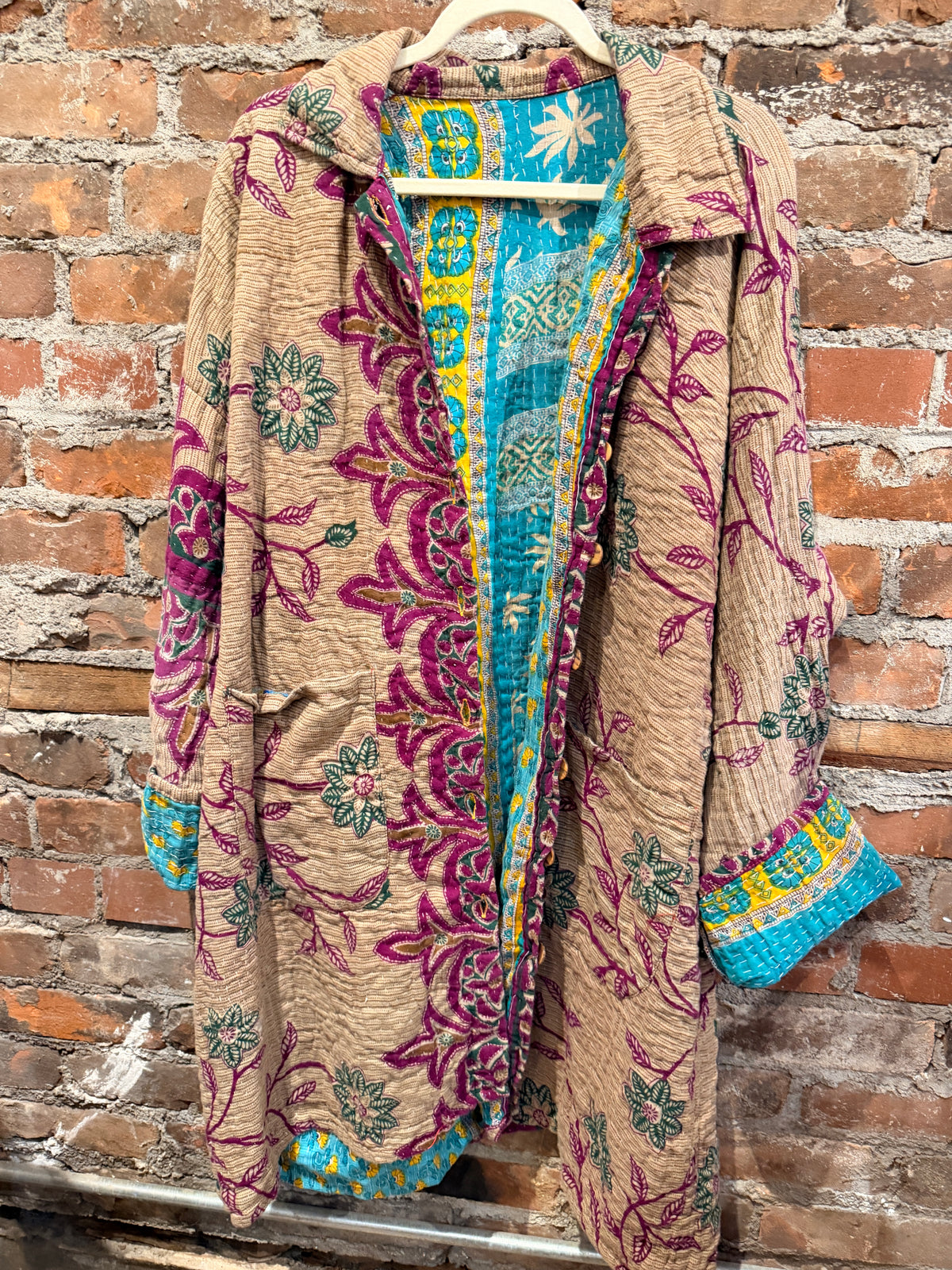 Vintage Kantha Car Coat - brown/purple/turquoise